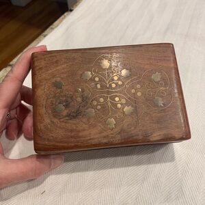 Vintage wooden trinket box with brass floral inlay